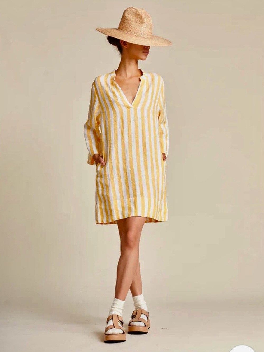 Trovata - Lucca Linen Shift Dress Yellow Awning Stripe. Easy to Wear XS NWT